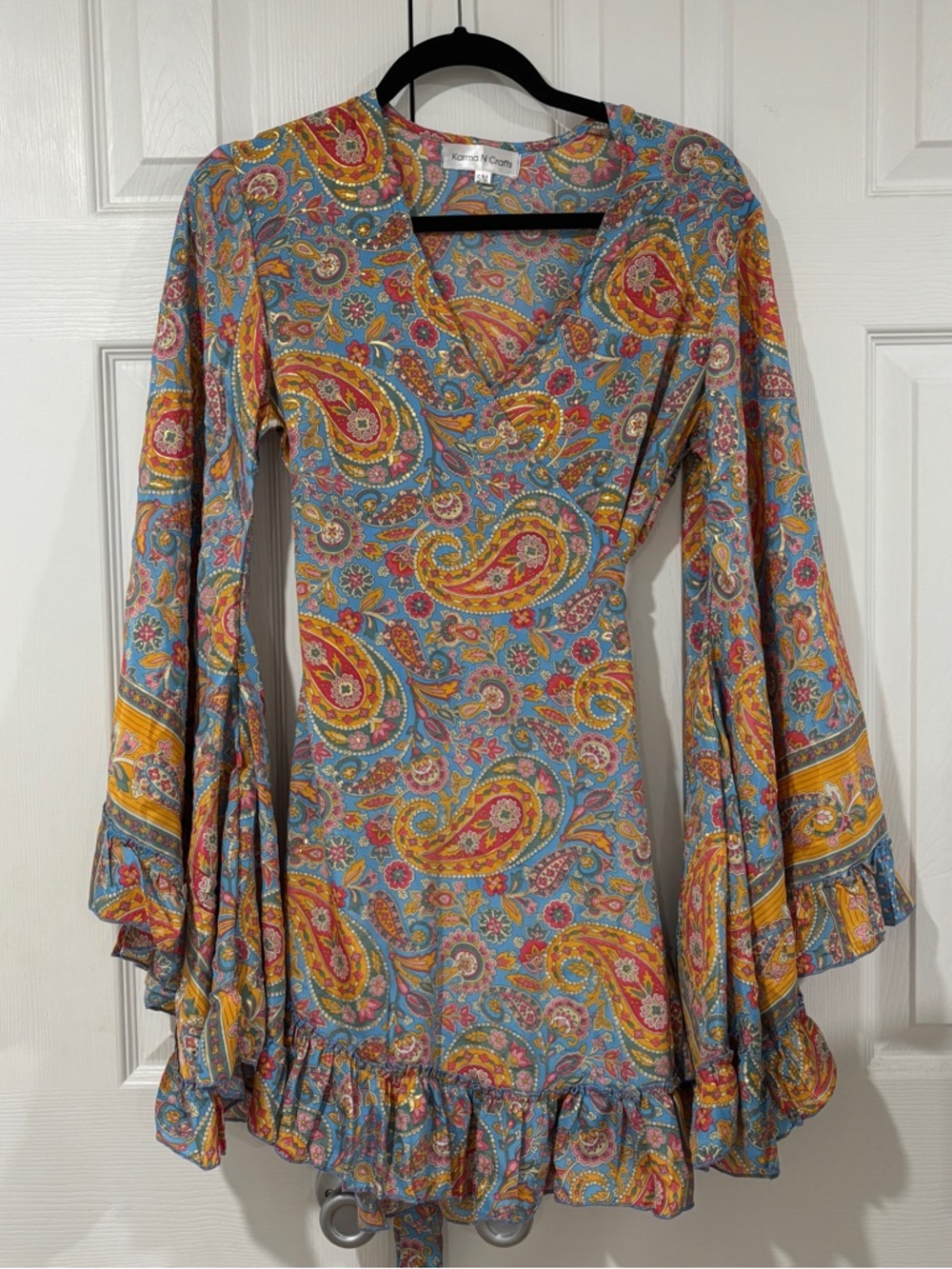 Karma Nepal Crafts Boho Paisley Wrap-Style Mini Dress in Light Blue